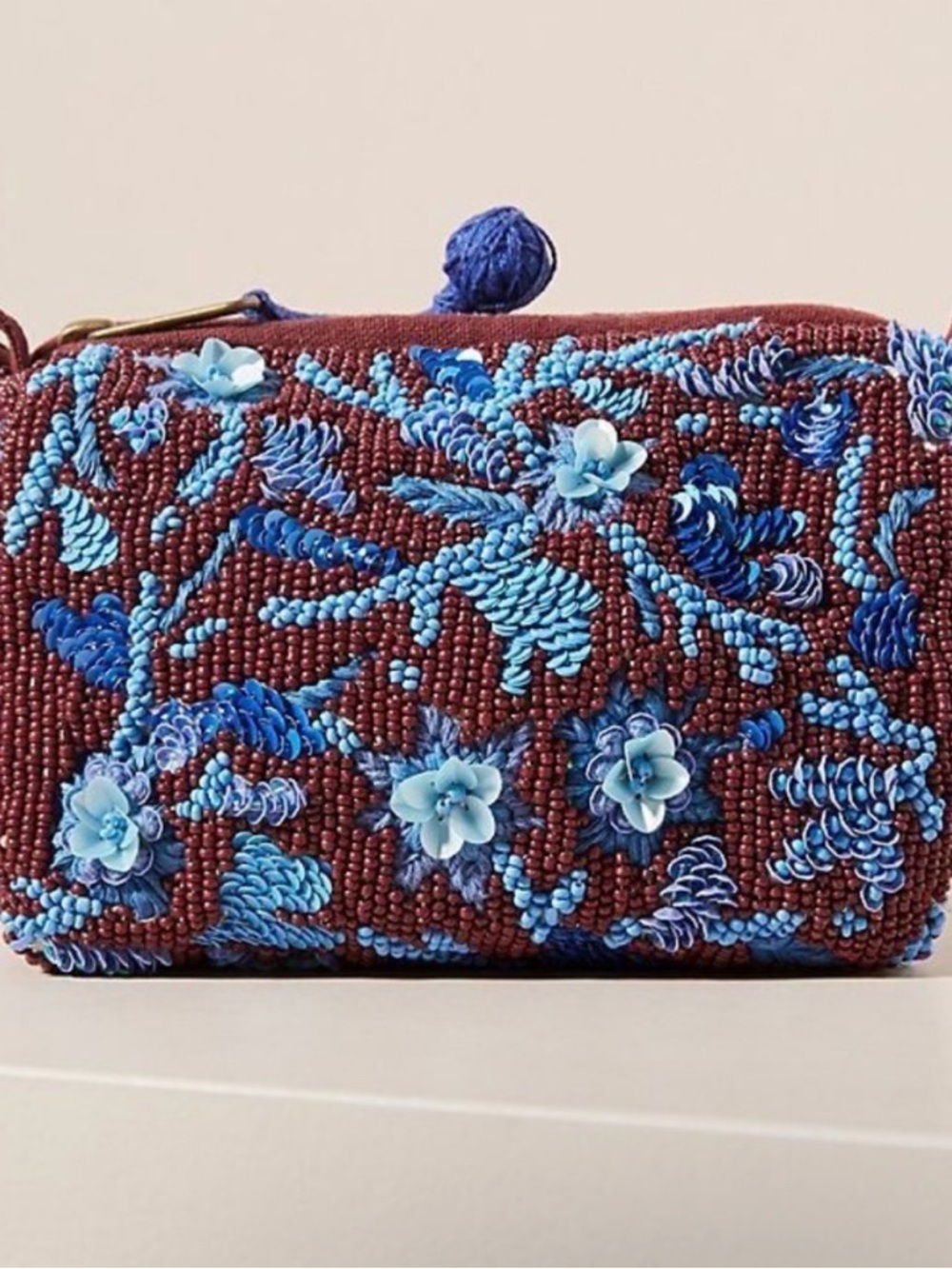 Anthropologie Beaded Blue Floral Embroidered Clutch in Burgundy